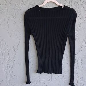 Vince Black Ribbed Long Sleeve Fitted Blouse
